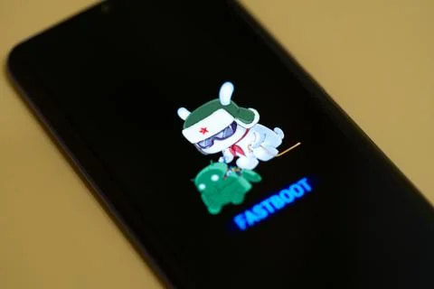 Xiaomi mi note 10 lite boot screen with fastboot logo on it Stock Photos