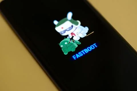 Xiaomi mi note 10 lite boot screen with fastboot logo on it Stock Photos