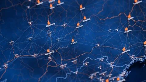 Xingyi map big data visualization. Futuristic map infographic of city in China Illustrazione stock