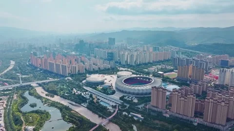 XINING, 12th, 2025: Drone shot of  central residential neighborhood of Xining, Stock Footage 325116517