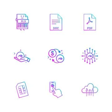 Xls , doc , pdf , dollar ,chip , sim , cloud , mobile , 9 eps icons set vecto 스톡 일러스트