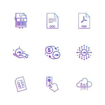 Xls , doc , pdf , dollar ,chip , sim , cloud , mobile , 9 eps icons set vecto イラスト素材