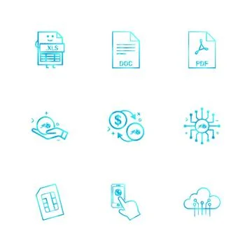 Xls , doc , pdf , dollar ,chip , sim , cloud , mobile , 9 eps icons set vecto 스톡 일러스트