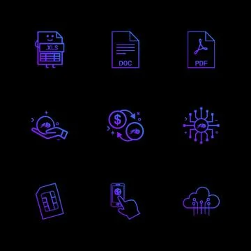 Xls , doc , pdf , dollar ,chip , sim , cloud , mobile , 9 eps icons set vecto Stock Illustration