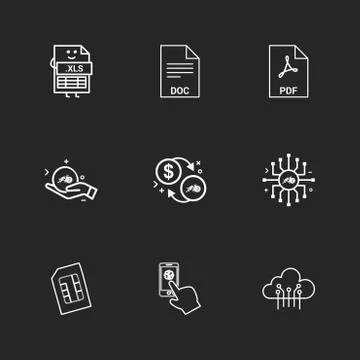 Xls , doc , pdf , dollar ,chip , sim , cloud , mobile , 9 eps icons set vecto イラスト素材