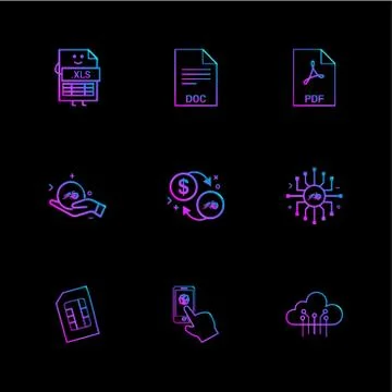 Xls , doc , pdf , dollar ,chip , sim , cloud , mobile , 9 eps icons set vecto Stock Illustration