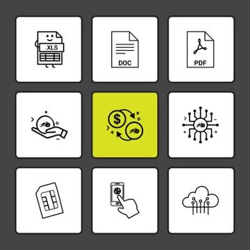 Xls , doc , pdf , dollar ,chip , sim , cloud , mobile , 9 eps icons set vecto 스톡 일러스트
