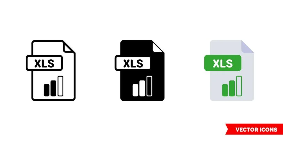 XLS file icon of 3 types. Isolated vector sign symbol. Stock Illustration