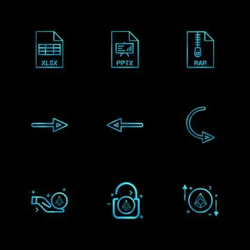 Xlsx , excel  , pptx , power point , rar , compressed file , left arrow , rig Stock Illustration