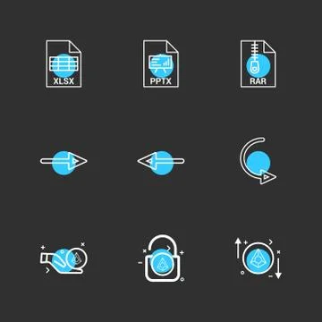 Xlsx , excel  , pptx , power point , rar , compressed file , left arrow , rig Stock Illustration