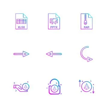 Xlsx , excel  , pptx , power point , rar , compressed file , left arrow , rig Stock Illustration