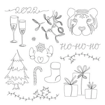 Xmas 2022 design elements collection in continuous one line drawing style. Set Stock Illustration