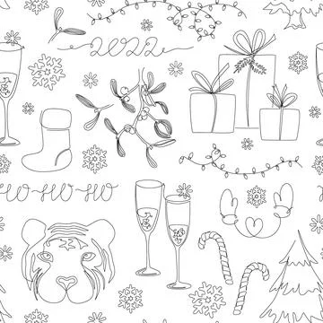 Xmas 2022 seamless pattern in continuous one line drawing style. Christmas tree Stock Illustration