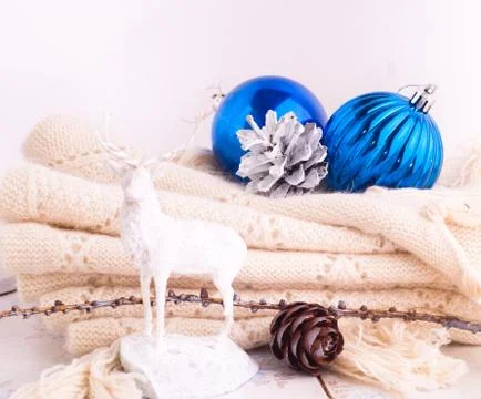 Xmas background with blue balls and deer Stock Photos