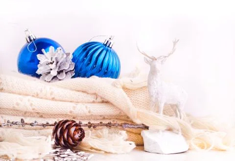 Xmas background with blue balls and deer Stock Photos