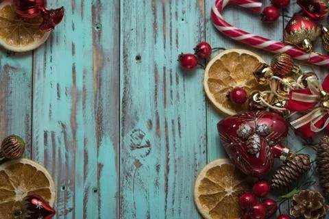 Xmas background of bright colored light geen desk Xmas decorated Stock Photos