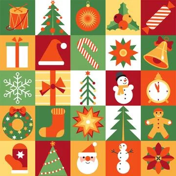 Xmas bauhaus pattern. Simple mosaic style new year elements, primitive shapes 스톡 일러스트