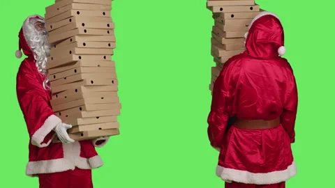 Xmas character with stack of pizza boxes Video stock 246015938