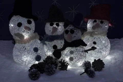Xmas decorations crafts snow scenary illuminated snowmen Stock Photos