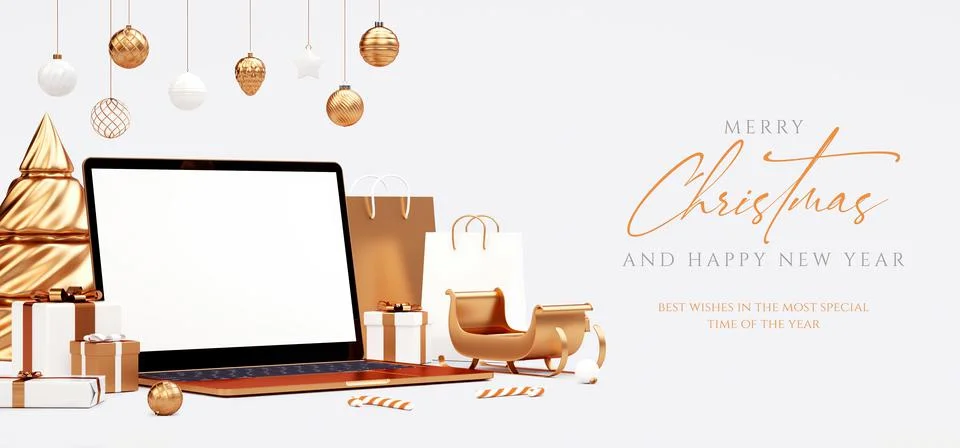 Xmas elegant flyer with laptop blank screen mockup and golden stuff on a whit Stock Photos