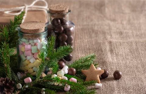 Xmas frame with tiny marshmallows and candy Stock Photos