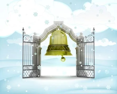 Xmas gate bell invitation in winter snowfall illustration Ilustração Stock