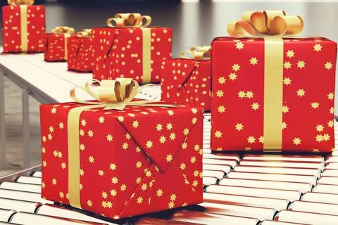 Xmas gift box on conveyor roller. 3D Rendering Stock Illustration