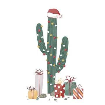 Xmas gift boxes and big cactus decorated with garland and Santa hat. Vector Stock Illustration