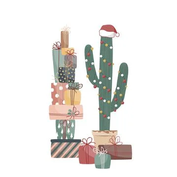 Xmas gift boxes and big potted cactus decorated with garland and Santa hat Stock Illustration
