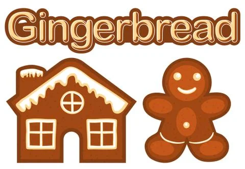 Xmas ginger bread cookie man and house colorful bright poster. Stock Illustration