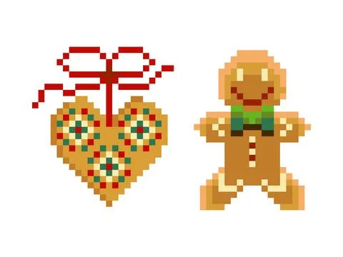 Xmas Ginger Bread Man and Heart in Pixel Art Stock Illustration