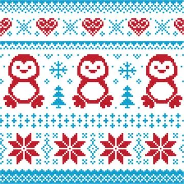 Xmas knitting pattern card penguins Stock Illustration