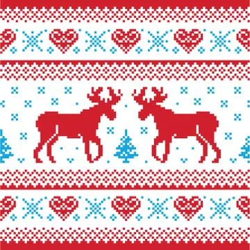 Xmas knitting pattern card reindeers Stock Illustration