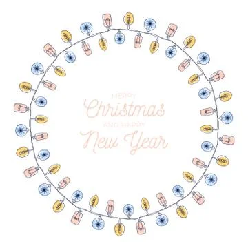 Xmas light bulbs frame, vertical circle shape. Simple but cute Christmas hand Illustrazione stock