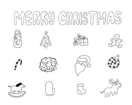 Xmas. Merry Christmas set of elements in outline doodle style 库存插图