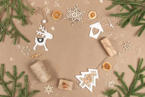 XMAS or New Year composition. Frame, border made from boxes, twine, wood deco Stock Photos