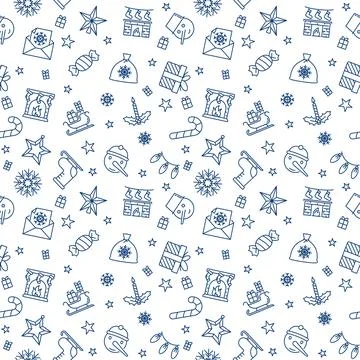 Xmas outline minimal seamless pattern - Christmas vector linear background Stock Illustration