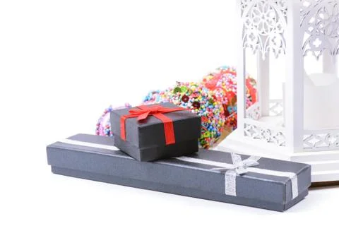 Xmas present boxes and lantern Stock-Fotos