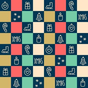 Xmas seamless checkered pattern for wrapping paper. Doodle, vector Stock Illustration