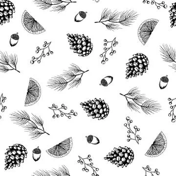 Xmas Seamless pattern with Christmas Tree Decorations, Pine Branches hand drawn Stock Illustration