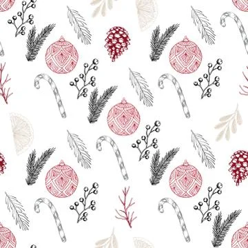 Xmas Seamless pattern with Christmas Tree Decorations, Pine Branches hand drawn Stock Illustration