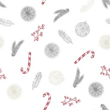 Xmas Seamless pattern with Christmas Tree Decorations, Pine Branches hand drawn Stock Illustration