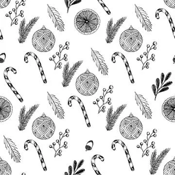 Xmas Seamless pattern with Christmas Tree Decorations, Pine Branches hand drawn 스톡 일러스트