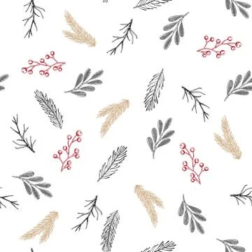 Xmas Seamless pattern with Christmas Tree Decorations, Pine Branches hand drawn Stockillustratie