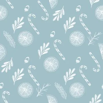Xmas Seamless pattern with Christmas Tree Decorations, Pine Branches hand drawn 스톡 일러스트