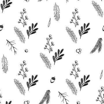 Xmas Seamless pattern with Christmas Tree Decorations, Pine Branches hand drawn 库存插图