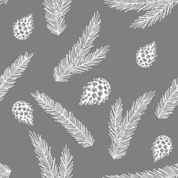 Xmas Seamless pattern with Christmas Tree Decorations, Pine Branches hand drawn Stock Illustration