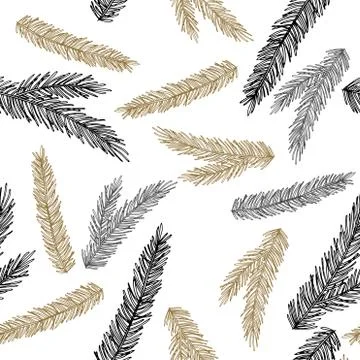 Xmas Seamless pattern with Christmas Tree Decorations, Pine Branches hand drawn Stock Illustration