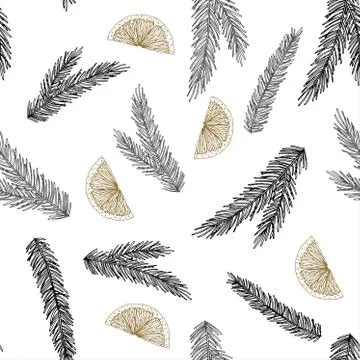 Xmas Seamless pattern with Christmas Tree Decorations, Pine Branches hand drawn Stock Illustration