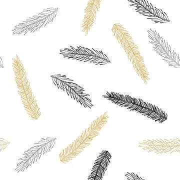 Xmas Seamless pattern with Christmas Tree Decorations, Pine Branches hand drawn Stock Illustration